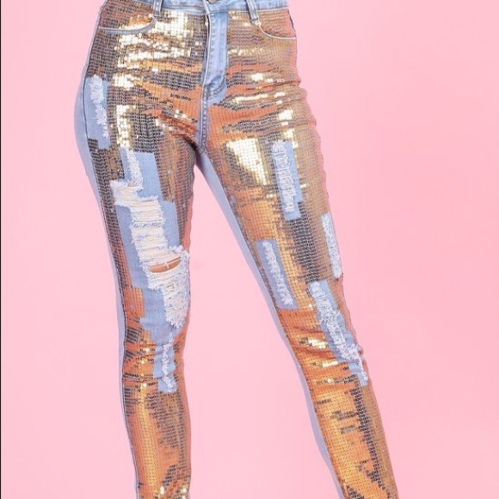 Gold Sequin Patched Stretch Jeans